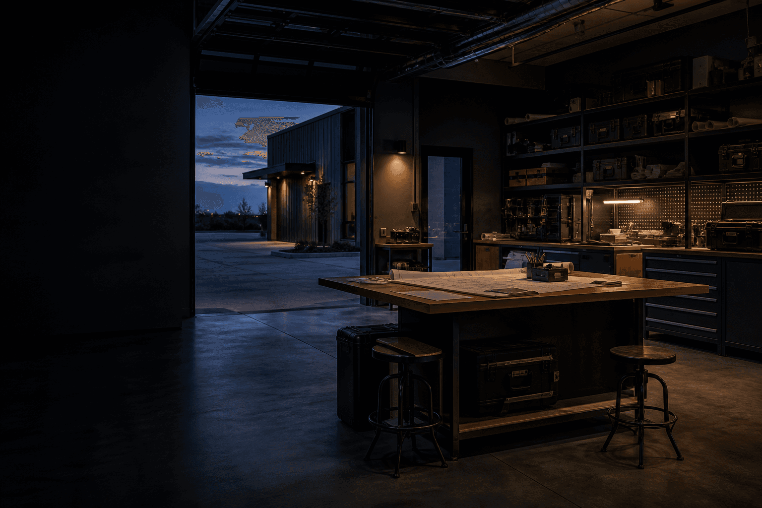 A modern field-service workshop and operations space at dusk.