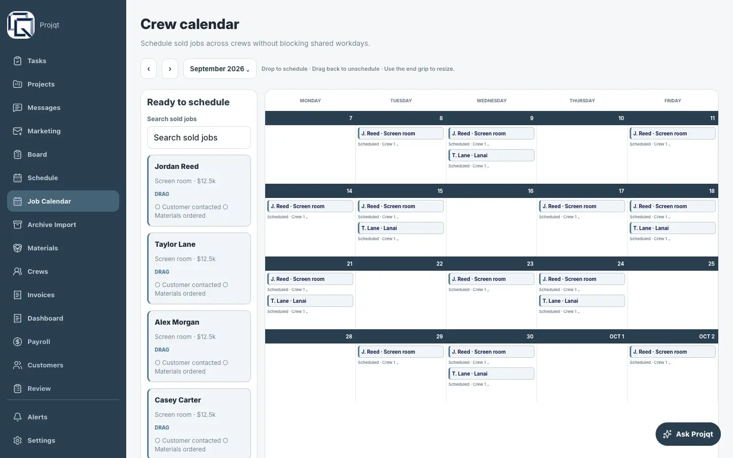 Projqt crew calendar showing scheduled field-service jobs across multiple crews.