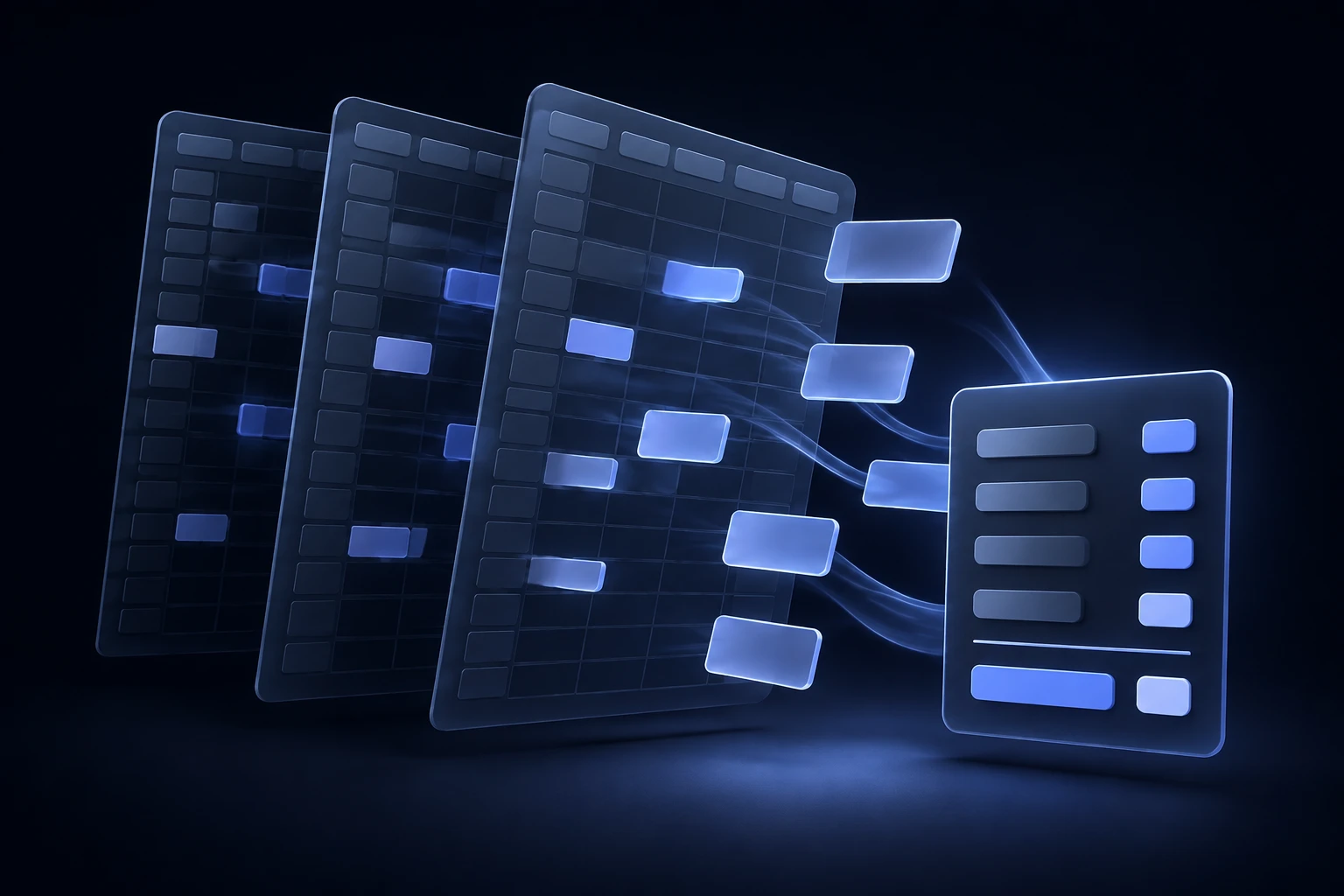 Glass spreadsheet panels and scattered cells flowing into one organized payroll record—an illustration of the transformation.