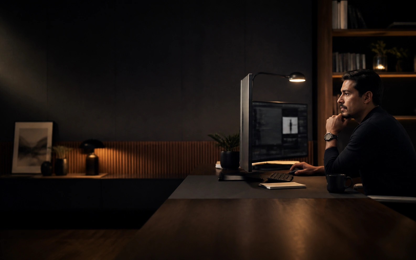 A quiet workspace behind the Engage mobile conversation.