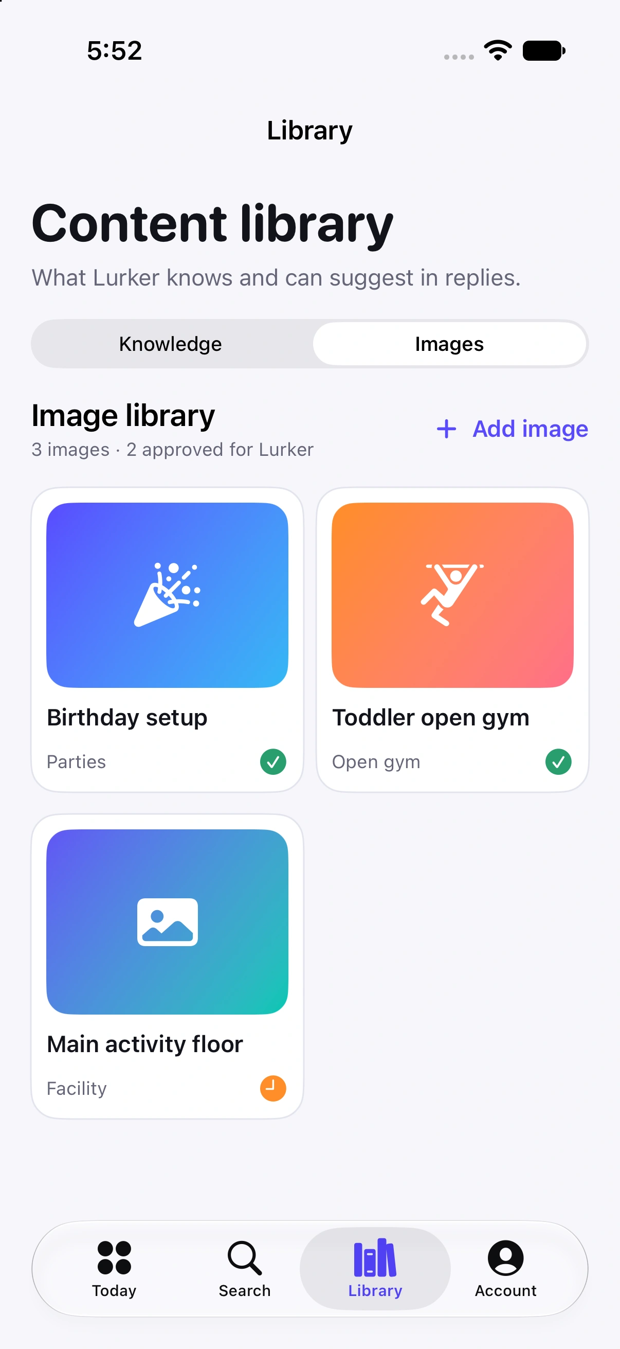 Lurker Content Library containing approved business imagery for opportunity responses.
