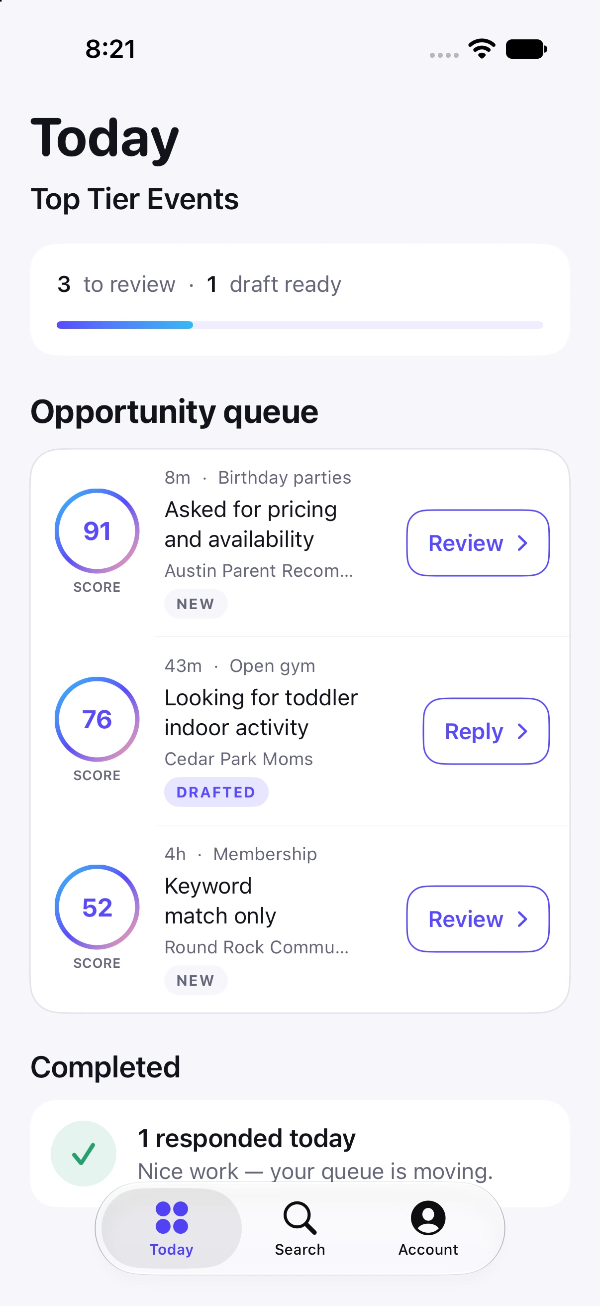 Lurker Today screen showing a focused queue of relevant local opportunities.