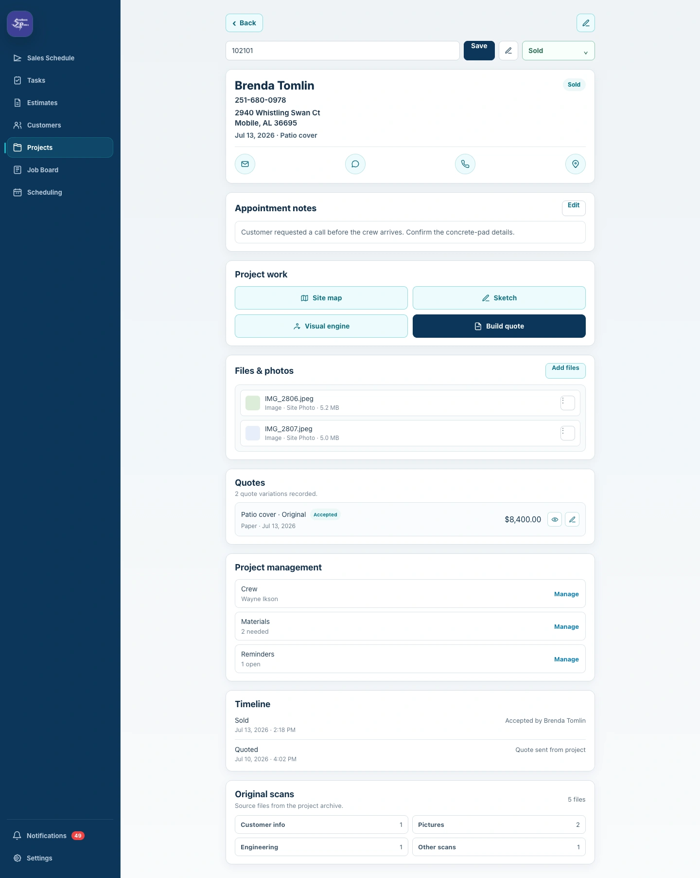 Connected desktop project record containing customer details, files, quotes, project management, timeline, and original scans.