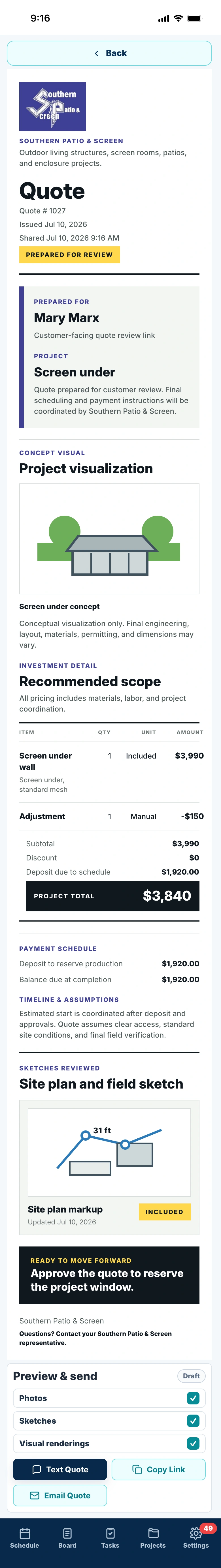 Digital quote preview connecting scope, pricing, project visualization, site-plan details, and approval.