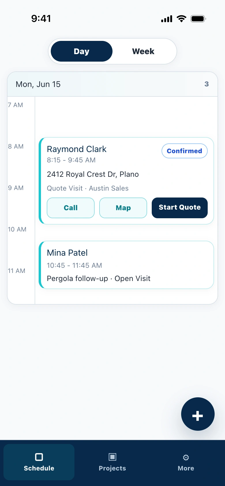Mobile sales schedule keeping appointments, customer details, mapping, and quote actions with the sales rep.