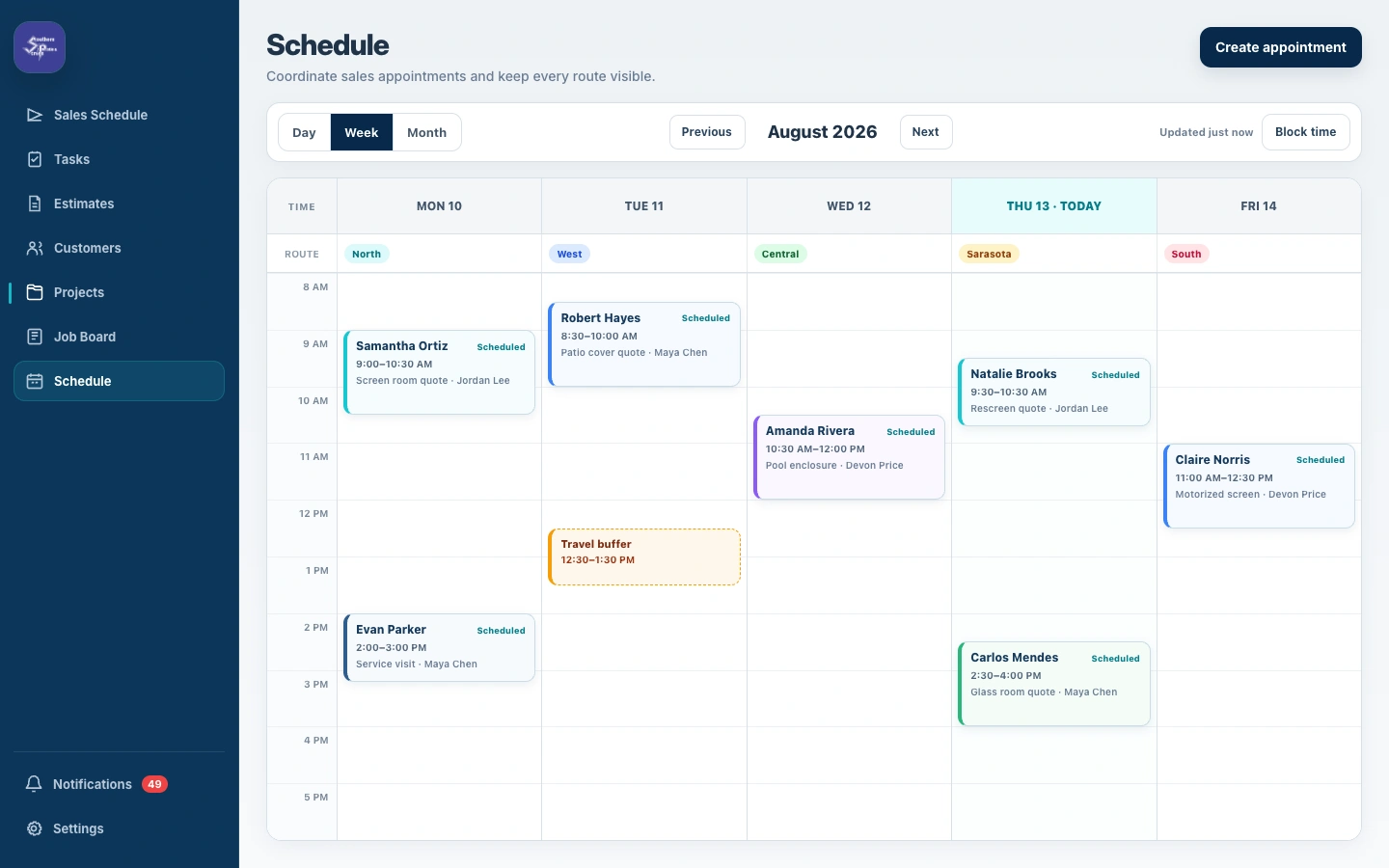 Desktop scheduling interface coordinating sales appointments, routes, and travel time.
