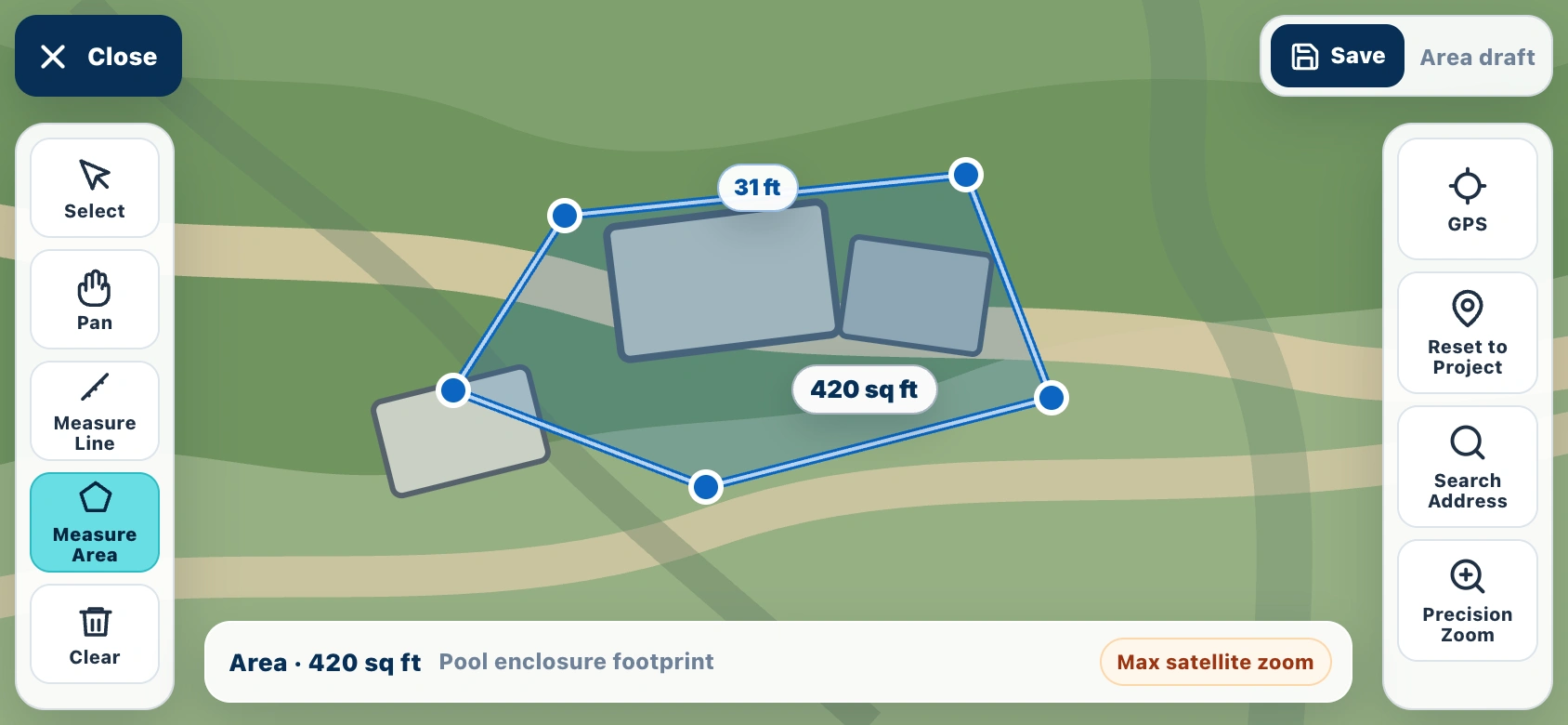 Mobile property measurement interface using a site map to capture a project footprint.