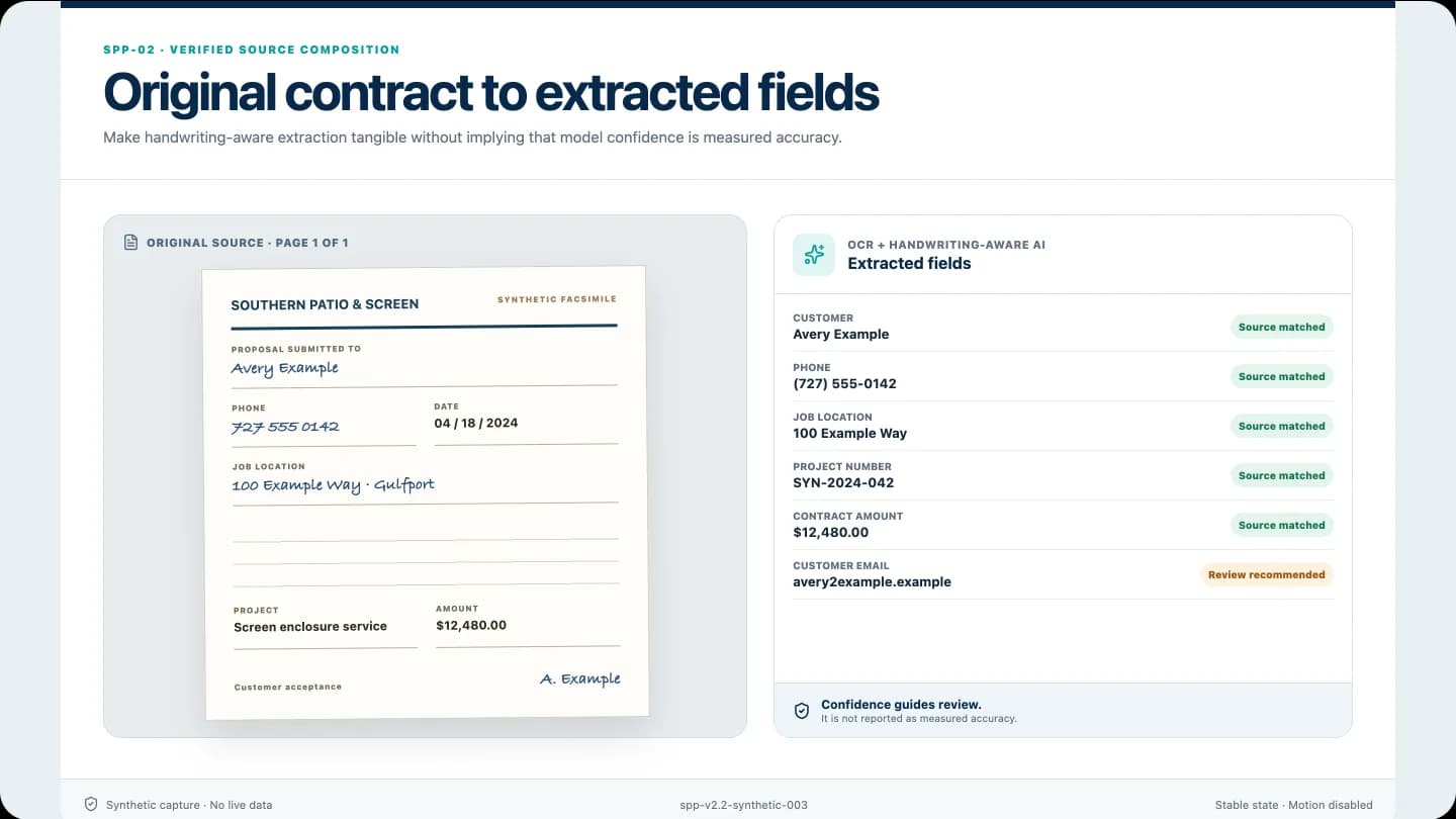 Synthetic interface comparing an original contract with extracted fields and review states.